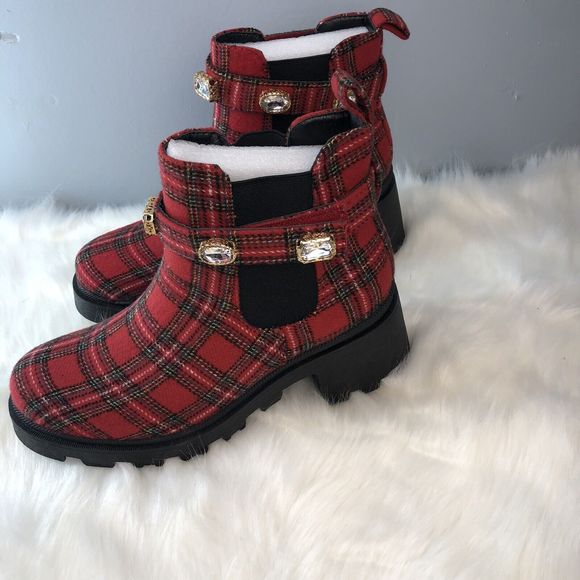SUGAR-Favorite Red Black Plaid Rhinestone Chunky Heel Chelsea Ankle Boot - Picture 7 of 16